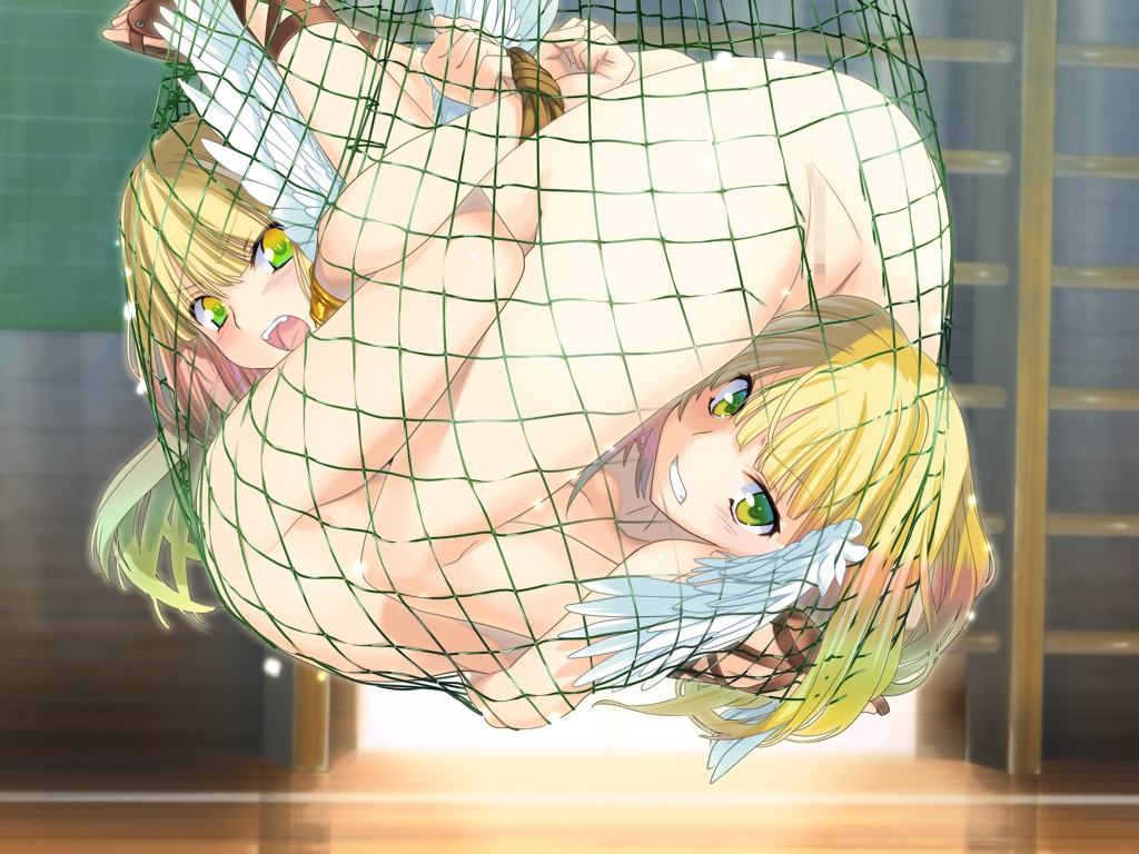2girls 69 angry blonde_hair blush bondage bound_together bound_wrists captured censored character_request clenched_teeth female forced_yuri game_cg green_eyes head_wings headwings long_hair looking_at_viewer multicolored_hair net nude open_mouth orion_(orionproject) pussy rance_(series) rance_quest rule34 sandals tears tongue wings yuri
