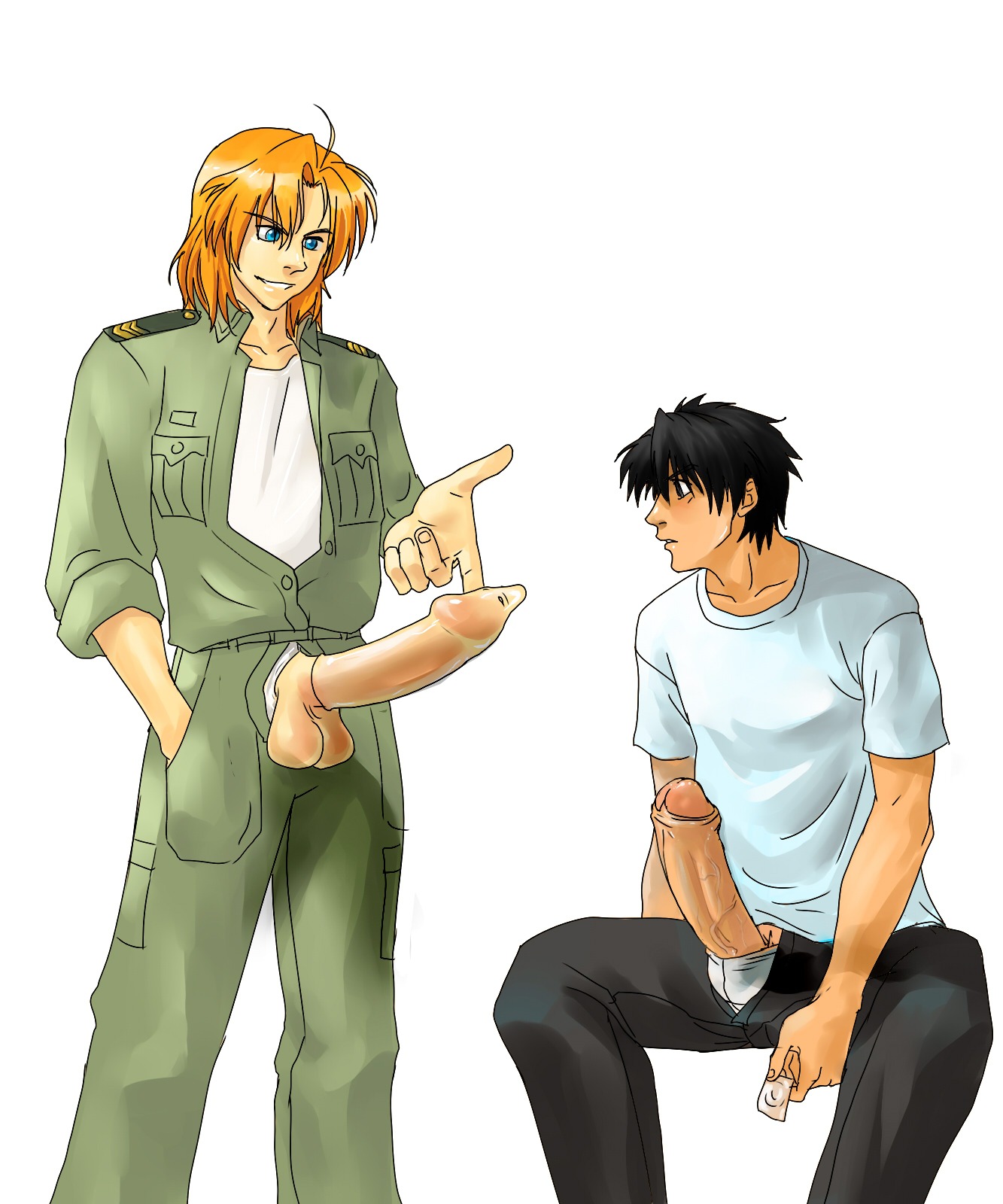 2boys balls balls_in_underwear balls_out black_hair blonde_hair blue_eyes condom_on_penis condom_wrapper erection foreskin full_metal_panic gay inmomakuro inviting_to_sex kurz_weber looking_at_penis male male_only open_jacket pants_open penis penis_out penis_size_difference pointing_at_penis retracted_foreskin rule34 sagara_sousuke uncircumcised uncut veiny_penis white_background yaoi