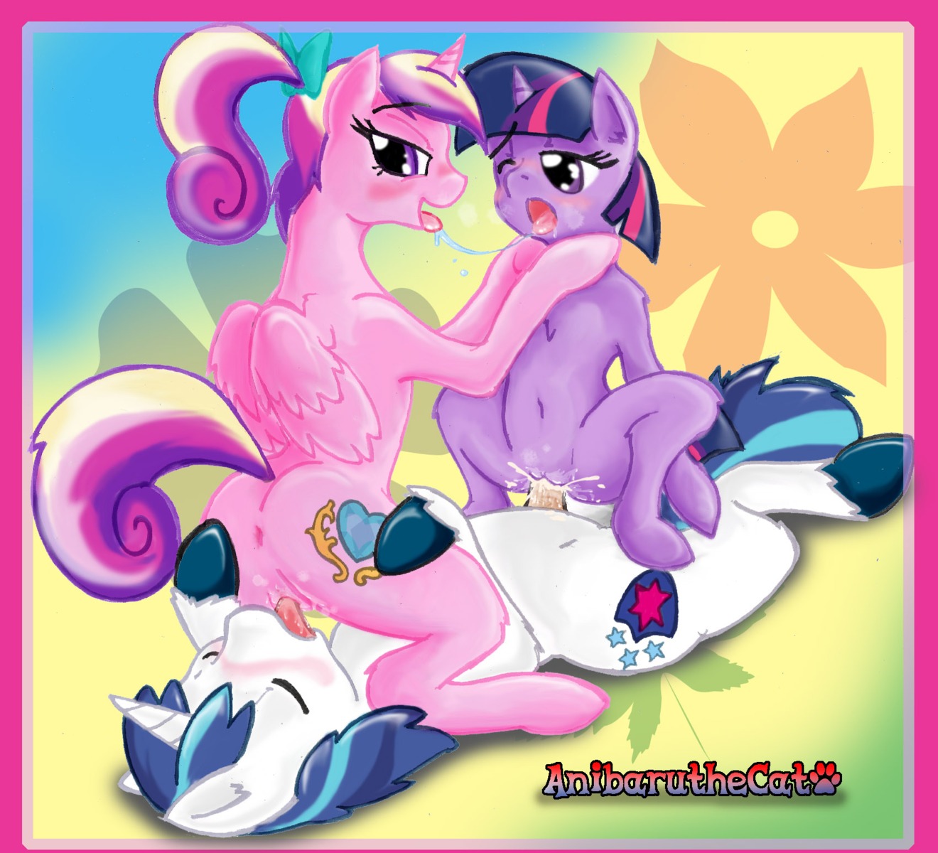 2013 accessory after_kiss anibaruthecat bisexual blue_hair blush bodily_fluids border bow_(feature) bow_accessory bow_ribbon brother_(lore) brother_and_sister_(lore) brother_penetrating_sister butt cowgirl_position cum cum_in_vagina cum_inside cunnilingus cutie_mark digital_media_(artwork) e621 english_text equid equine erection eyes_closed feathered_wings feathers female female/female female_on_top feral friendship_is_magic from_front_position fur genital_fluids genitals group group_sex hair hair_accessory hair_bow hair_ribbon hand_on_another's_butt hand_on_butt hasbro hi_res horn incest_(lore) lying male male/female male_penetrating mammal multicolored_hair my_little_pony mythological_creature mythological_equine mythology nude on_back on_bottom on_top oral penetration penis pink_body pink_border pink_feathers pink_fur princess_cadance_(mlp) purple_body purple_eyes purple_fur purple_hair ribbons romantic romantic_couple saliva saliva_on_tongue saliva_string sex shining_armor_(mlp) sibling_(lore) sister_(lore) south_pole_position spread_legs spreading straddling text threesome tongue tongue_out triangle_position trio twilight_sparkle_(mlp) two_tone_hair unicorn vaginal vaginal_penetration vulva white_body white_fur winged_unicorn wings