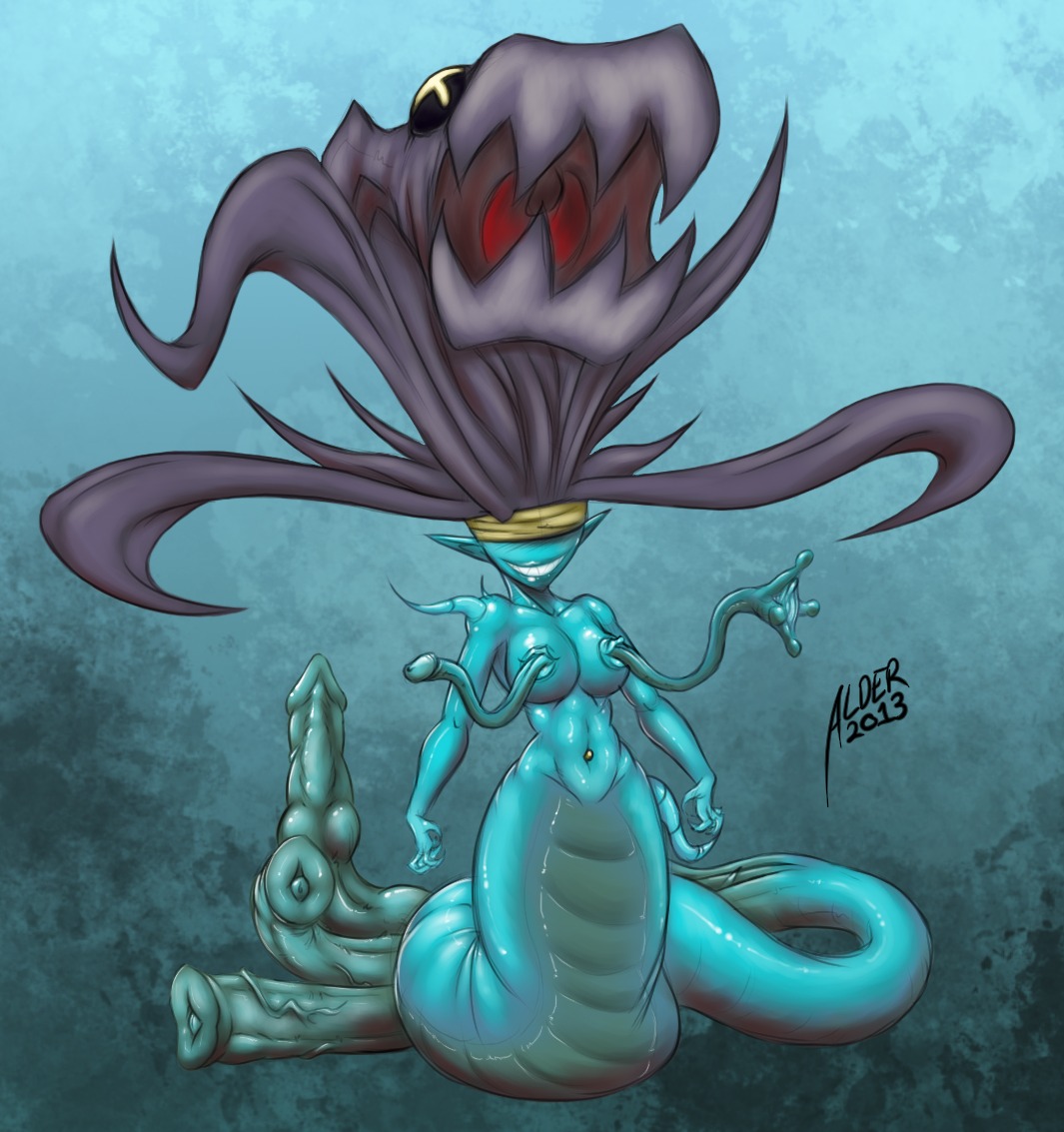 accessory aldergames apode big_breasts blue_body blue_skin breasts covered_eyes demon draconcopode e621 genitals gynomorph headband humanoid_pointy_ears intersex legless naga nipple_mouth non-mammal_breasts penis pointy_ears reptile scalie serpentine snake solo tail tail_genitals tail_penis unusual_anatomy unusual_genitalia_placement unusual_penis_placement unusual_tail