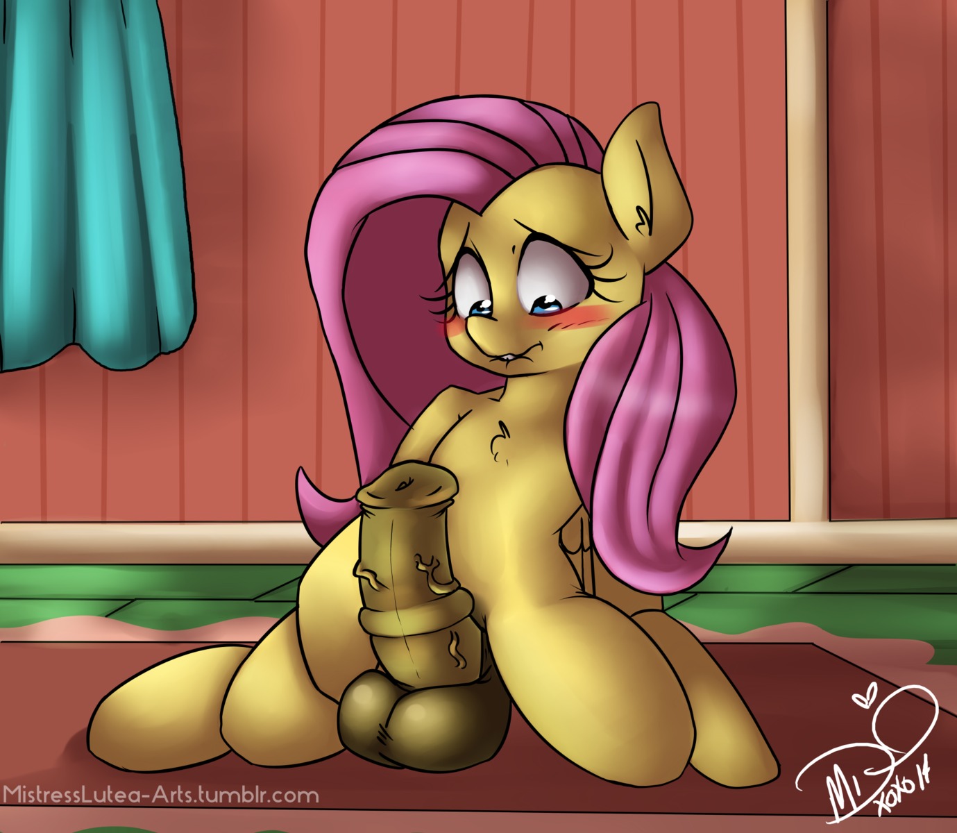 2014 animal_genitalia animal_penis balls bite biting_lip biting_own_lip blue_eyes blush e621 equid equine equine_genitalia equine_penis erection feathered_wings feathers feral fluttershy_(mlp) friendship_is_magic fur genitals gynomorph hair hasbro hi_res intersex lips mammal mistresslutea my_little_pony mythological_creature mythological_equine mythology nude pegasus penis pink_hair self_bite solo text url wings yellow_body yellow_feathers yellow_fur