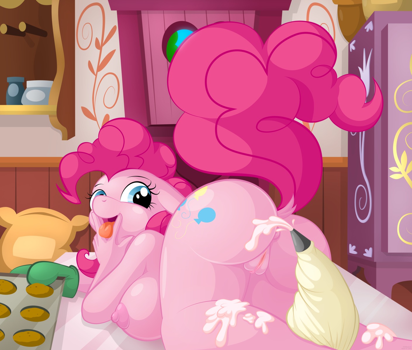absurd_res all_fours anthro anthrofied anus areola bakeware baking_tray big_breasts biped blue_eyes breasts butt clothing cookware cutie_mark e621 earth_pony equid equine female friendship_is_magic frosting fur genitals hair handwear hasbro hi_res horse icing_bag inside kitchen kitchen_utensils looking_at_viewer looking_back mammal my_little_pony nipples open_mouth oven_mitts pink_body pink_fur pink_hair pinkie_pie_(mlp) pony presenting raised_tail rear_view shaded solo suggestive tail tongue tongue_out tools vulva whitmaverick