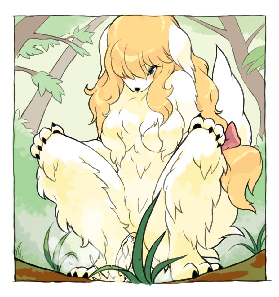 2011 accessory anthro bird_dog blonde_hair blue_eyes blush bodily_fluids bow_(feature) bow_accessory bow_ribbon canid canine canis cocker_spaniel crouching digital_media_(artwork) domestic_dog e621 female fisheye_lens genital_fluids grass hair hair_accessory hair_bow hair_ribbon hunting_dog japanese_description kemono mammal nude peeing plant ribbons solo spaniel tail urine wkar