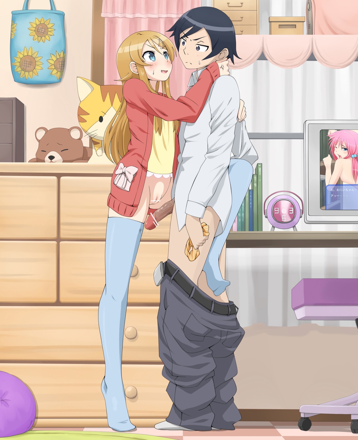 blue_eyes blush breasts brother_and_sister censored female human incest kneesocks kousaka_kirino kousaka_kyousuke male no_panties no_underwear nude ore_no_imouto_ga_konna_ni_kawaii_wake_ga_nai rule34 small_breasts stockings straight tiptoes