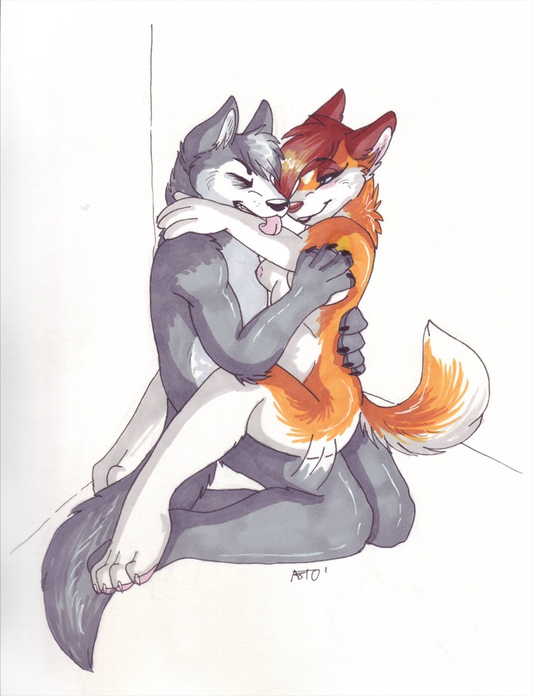 2011 anthro anthro_on_anthro breasts canid canine canis celestialwolfen domestic_dog duo e621 eyes_closed female fur grey_body grey_fur husky licking male male/female mammal nipples nordic_sled_dog nude orange_body orange_fur sex simple_background spitz tail tongue tongue_out white_background