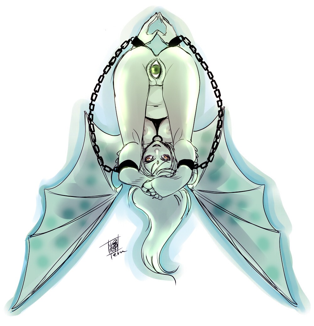 3_eyes bat bound breasts chain e621 female mammal membrane_(anatomy) membranous_wings multi_eye navel nipples simple_background solo teruchan vageyena white_background wings
