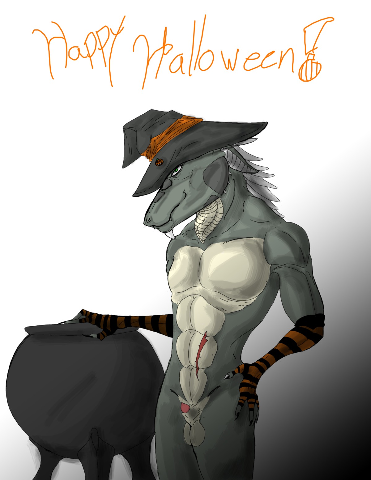 absurd_res animal_genitalia anthro armwear balls cauldron clothing costume dragon e621 english_text genitals green_eyes halloween hat headgear headwear hi_res holiday_message holidays lostindespair magic_user male mostly_nude muscular muscular_anthro muscular_male mythological_creature mythological_scalie mythology pattern_armwear pattern_clothing penis penis_tip scalie scar sheath solo striped_armwear striped_clothing stripes text witch witch_hat