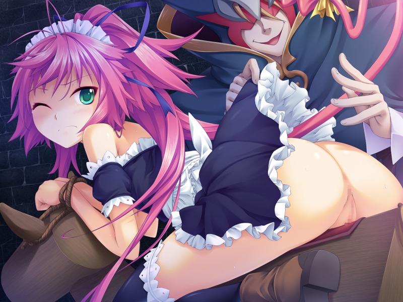 ass bondage censored demon female game_cg green_eyes long_hair maou_no_musume_wa_chou_namaiki_!! no_panties pussy relic rule34 succubus tail wink wooden_horse
