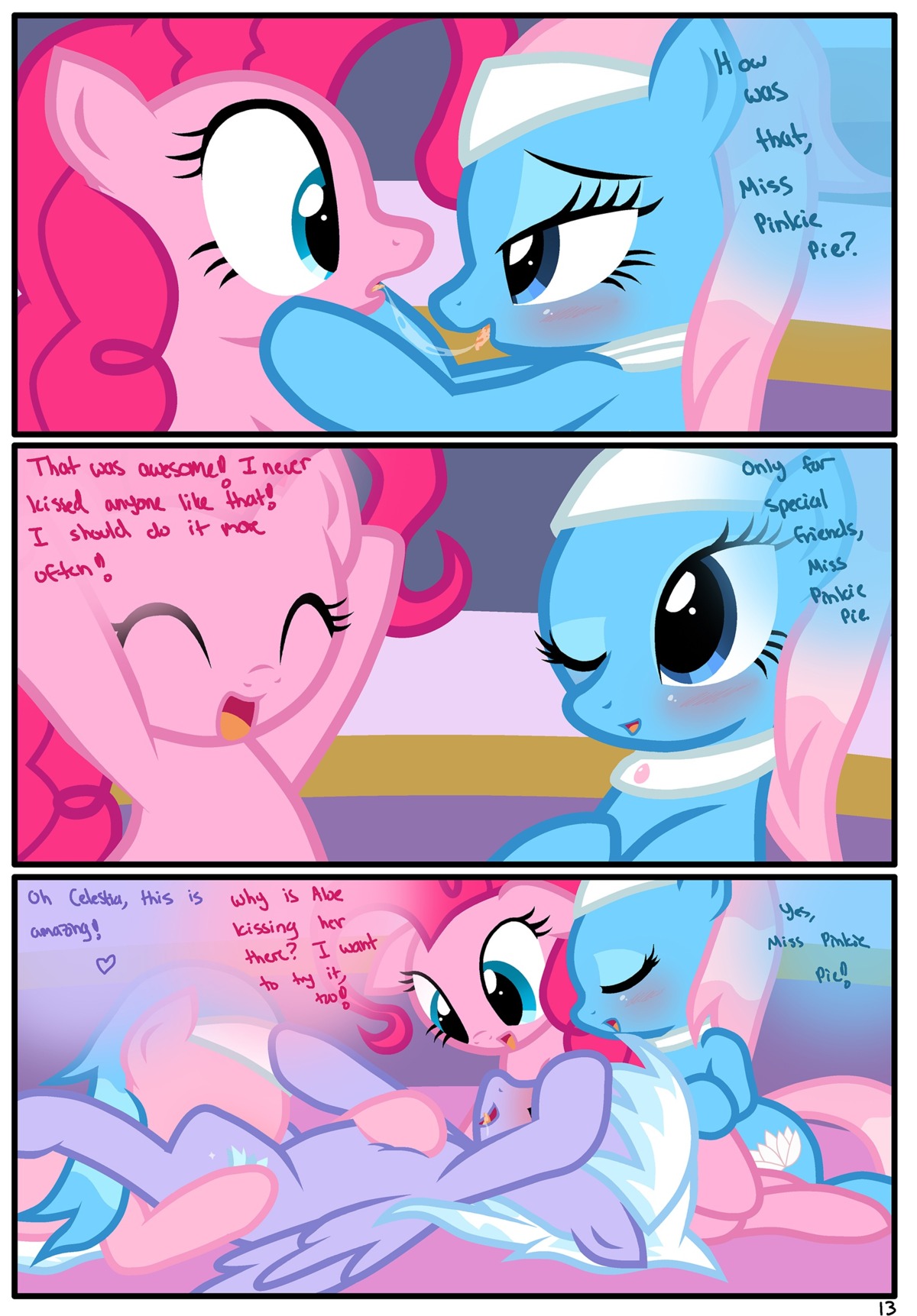 2013 absurd_res aloe_(mlp) blue_eyes blush bodily_fluids cloud_chaser_(mlp) comic cunnilingus cutie_mark dialogue e621 earth_pony english_text equid equine eye_contact feathered_wings feathers female female/female feral friendship_is_magic fur group hair hasbro hi_res horse indirect_incest_(lore) looking_at_another lotus_(mlp) mammal my_little_pony mythological_creature mythological_equine mythology open_mouth oral pegasus pink_body pink_fur pink_hair pinkie_pie_(mlp) pony purple_body purple_feathers pyruvate saliva saliva_string sex text tongue tongue_out vaginal wings
