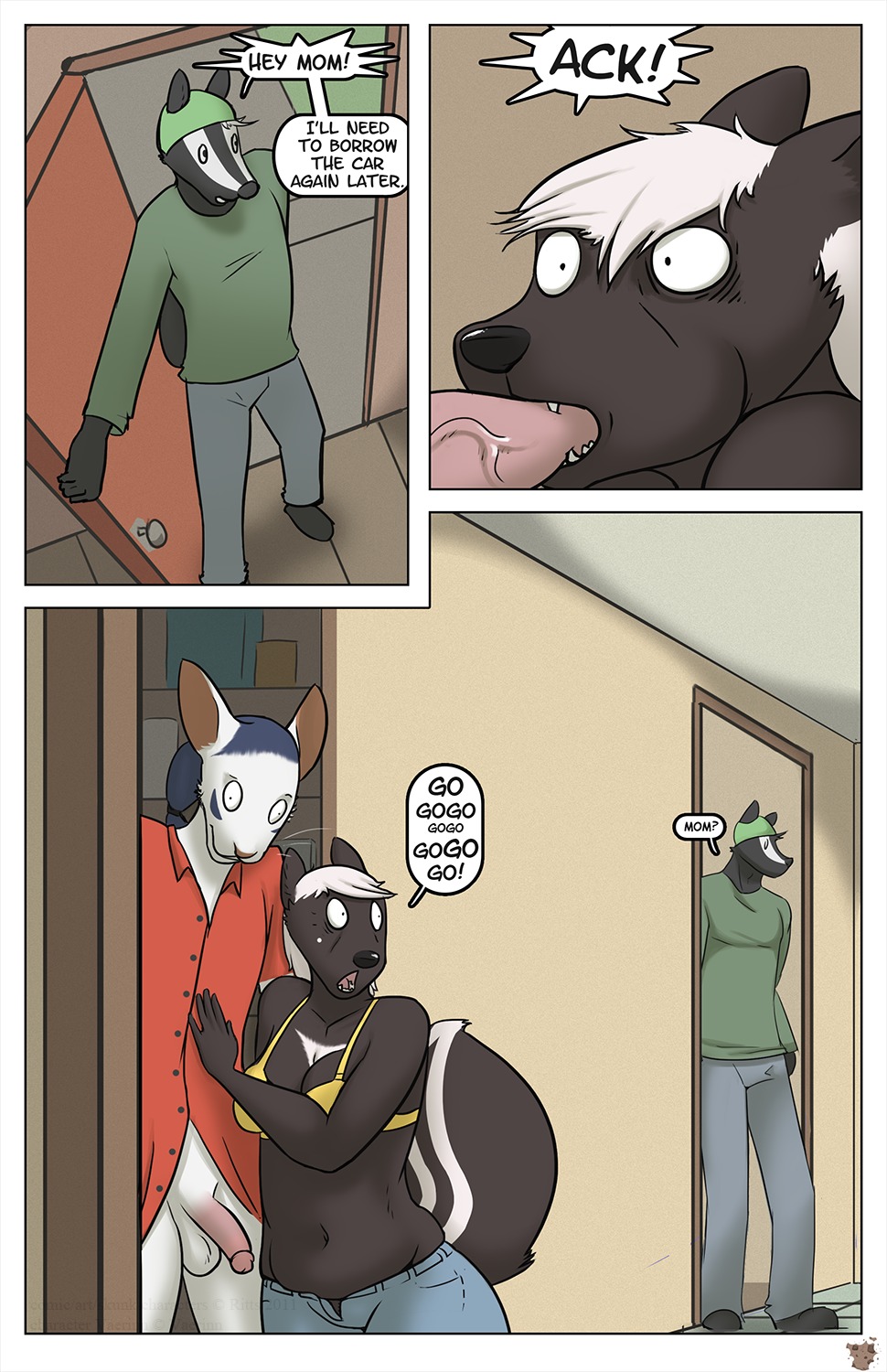 age_difference anthro anthro_on_anthro blue_hair bottomless clothed clothing comic derp_eyes dialogue domestic_cat e621 english_text erection felid feline felis fellatio female friend's_mom friend's_parent fur genitals group hair half-erect hi_res humanoid_genitalia humanoid_penis kitchen leanne_summers male male/female mammal mature_anthro mature_female mephitid mother_(lore) older_female oral oral_penetration parent_(lore) penetration penile penis penis_bite ponytail ritts scared sex shirt shocked skunk slightly_chubby striped_skunk tail text topwear younger_male