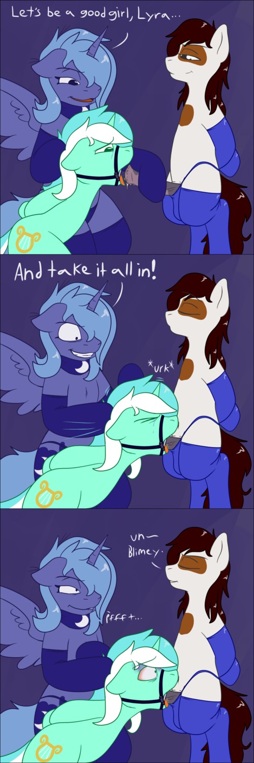 2012 animal_genitalia animal_penis anthro assisted_sex bdsm black_border blue_hair bodily_fluids bondage border bound brown_hair comic conditional_dnp cutie_mark deep_throat dialogue digital_media_(artwork) e621 earth_pony english_text equid equine equine_genitalia equine_penis erection feathered_wings feathers fellatio female female_raped forced forced_oral friendship_is_magic gag gagged genitals group hair halter hand_on_head harness harness_gag hasbro hi_res horn horse lyra_heartstrings_(mlp) male male/female male_rape male_raping_female mammal multicolored_hair muzzle_(object) my_little_pony mythological_creature mythological_equine mythology open_mouth_gag oral oral_penetration penetration penile penis pipsqueak_(mlp) pony princess_luna_(mlp) purple_background rape ring_gag sex simple_background skoon tail tears text two_tone_hair unicorn winged_unicorn wings
