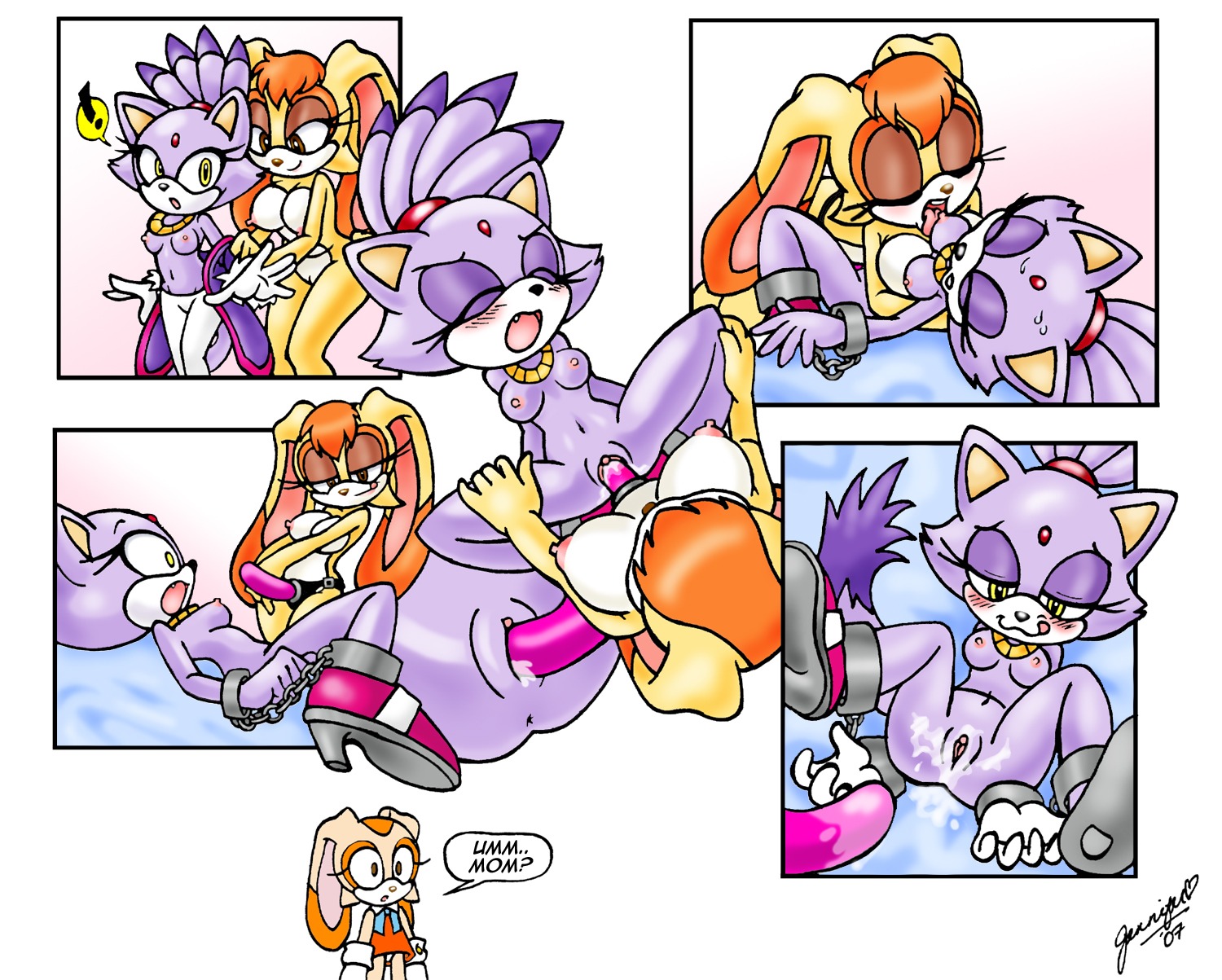 2007 anthro blaze_the_cat breasts cat chibi-jen-hen comic cream_the_rabbit domestic_cat feline female female_only fur highres insertion interspecies lying mammal multiple_females multiple_girls nude on_back pussy pussy_juice rabbit rule34 sega sonic_(series) sonic_the_hedgehog_(series) spread_legs standing straight_hair strap-on strapon tagme vanilla_the_rabbit yuri