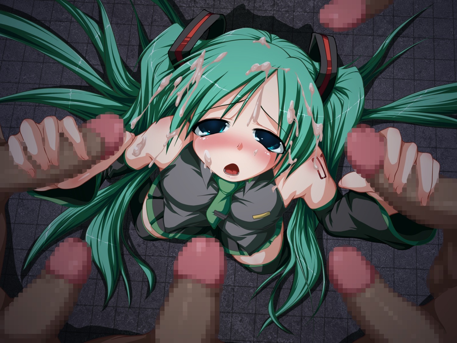 1girl 6+boys blush bukkake censored cum cum_on_clothes cum_on_hair detached_sleeves double_handjob facial female gangbang green_hair group_sex handjob hatsune_miku hetero long_hair multiple_boys multiple_penises necktie open_mouth penis rule34 solo_focus tagme thighhighs twintails very_long_hair vocaloid