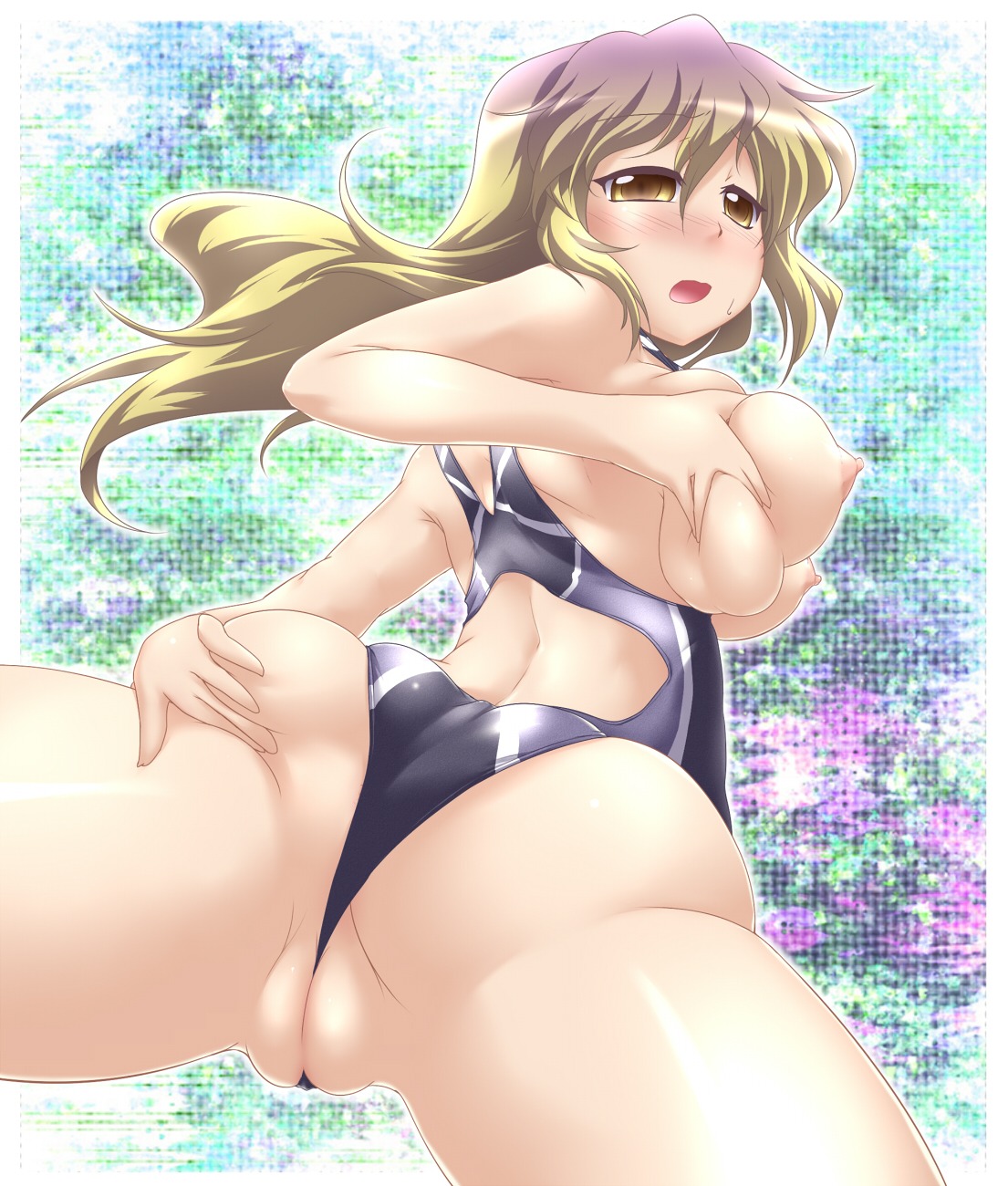 ass blush breasts cameltoe competition_swimsuit female gradient_hair highres hijiri_byakuren large_breasts long_hair multicolored_hair one-piece_swimsuit purple_hair pussy rule34 swimsuit touhou two-tone_hair uncensored yellow_eyes