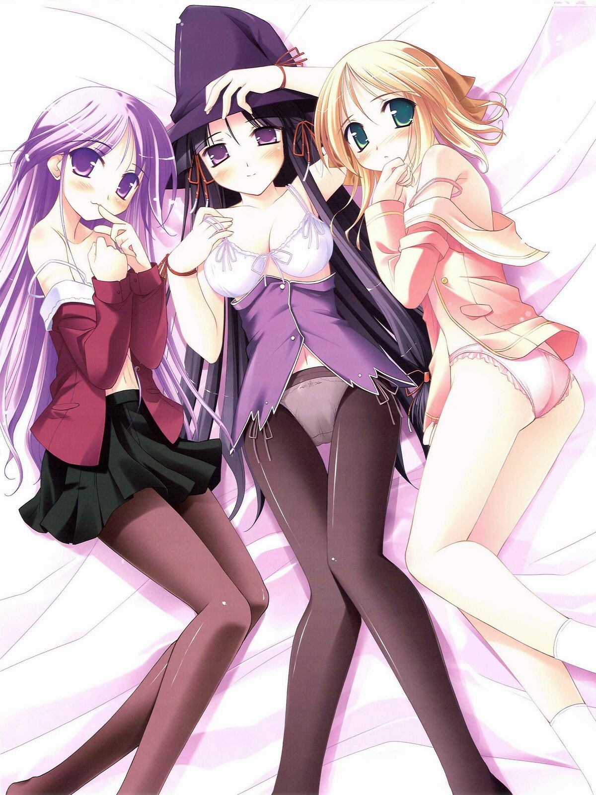 :3 black_hair black_legwear blonde_hair blush bottomless bow_bra bra breasts cleavage crossdressing female frilled_panties frills green_eyes happiness happiness! hat highres kohinata_sumomo lingerie long_hair male no_pants panties panties_under_pantyhose pantyhose pink_panties purple_eyes purple_hair rule34 scan short_hair skirt smile strap_slip takamine_koyuki thigh_gap thighs trans_woman transfem trap underwear undressing watarase_jun windmill_(company)