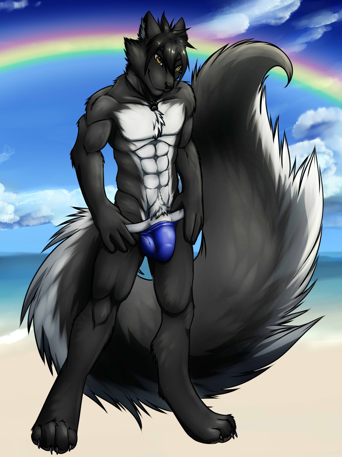 abs absurd_res anthro ash_harden athletic barefoot beach biceps biped black_body black_fur black_hair black_nose black_pawpads blue_bottomwear blue_clothing bottomwear bulge canid canine canis chest_tuft claws clothed clothing clothing_pull cloud countershade_torso countershading detailed_background digital_media_(artwork) e621 featureless_chest feet footprint front_view full-length_portrait fur grey_body grey_fur grin hair hi_res hindpaw hybrid jewelry jockstrap male mammal mephitid muscular muscular_anthro necklace outside pawpads pawprint paws pecs portrait pose pubes rainbow rainbow_arch sand sea seaside shynjy skimpy skunk sky smile solo standing tight_clothing toe_claws topless tuft underwear underwear_pull water white_body white_countershading white_fur wolf yellow_eyes