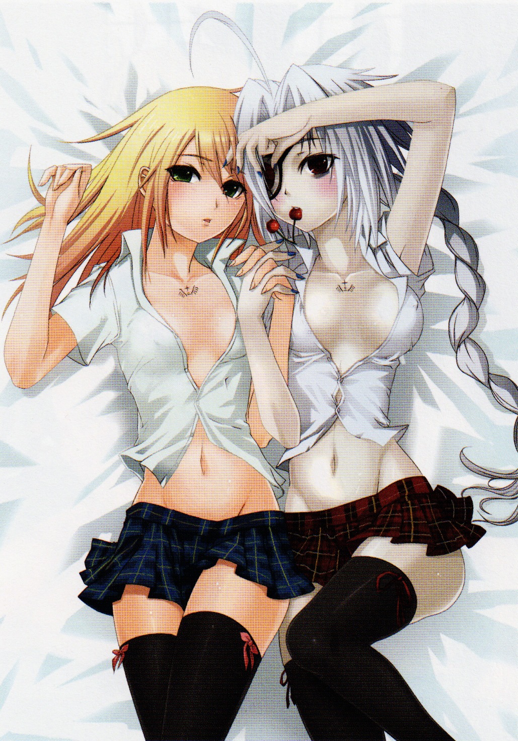 2girls bed blazblue blonde_hair blush braid cleavage eye_patch female green_eyes kneehighs long_hair multiple_females multiple_girls noel_vermillion nu-13 open_clothes open_shirt red_eyes ribbon rule34 shirt skirt voice_actor_connection white_hair