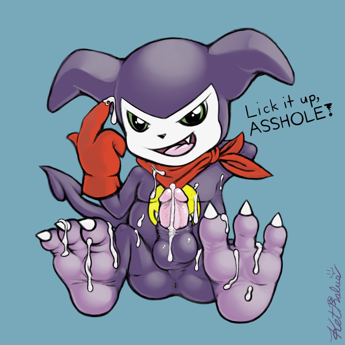 1:1 3_toes animal_genitalia anus backsack balls bandai_namco barefoot bodily_fluids butt cum cum_on_balls cum_on_feet cum_on_penis cum_on_self dialogue digimon digimon_(species) dominant e621 english_text erection feet genital_fluids genitals hi_res hindpaw humanoid humanoid_genitalia humanoid_penis impmon ket-ralus looking_at_viewer male nude paws penis precum presenting sheath shortstack shortstack_male sitting solo tail text toes