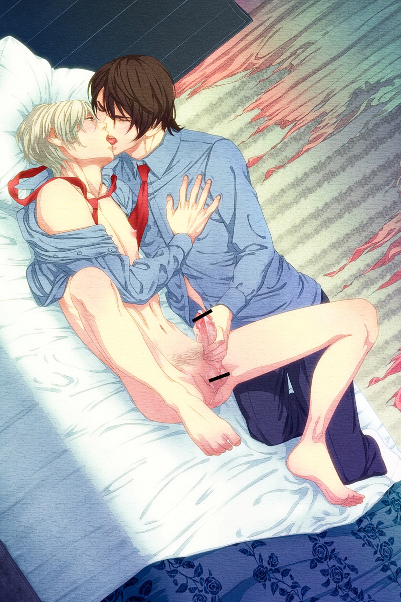 2boys balls barefoot bed blonde_hair bottomless brown_hair clothed_on_nude cum cum_on_balls cum_on_body cum_on_lower_body curtains french_kiss gay handjob highres male male_only medical necktie nipples nude on_back open_clothes open_shirt penis rule34 shirt spread_legs tie tongue yaoi