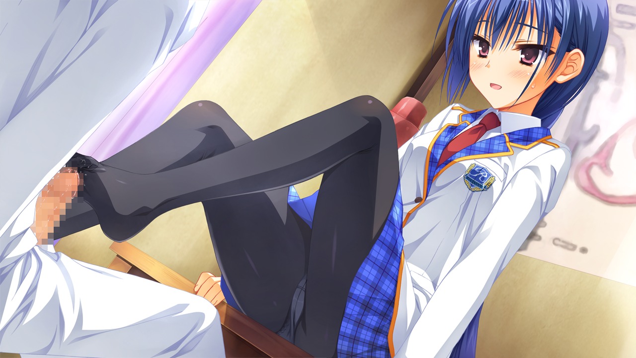 blue_hair blush censored female game_cg male muririn nagamitsu_maya noble_works panties pantyhose penis pink_eyes rule34 seifuku underwear
