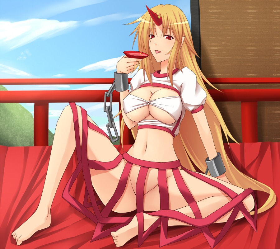 1girls 2d alcohol barefoot belly blonde_hair breasts chains clothed drunk female hoshiguma_yuugi looking_at_viewer monster_girl rule34 sake solo tagme tongue tongue_out touhou