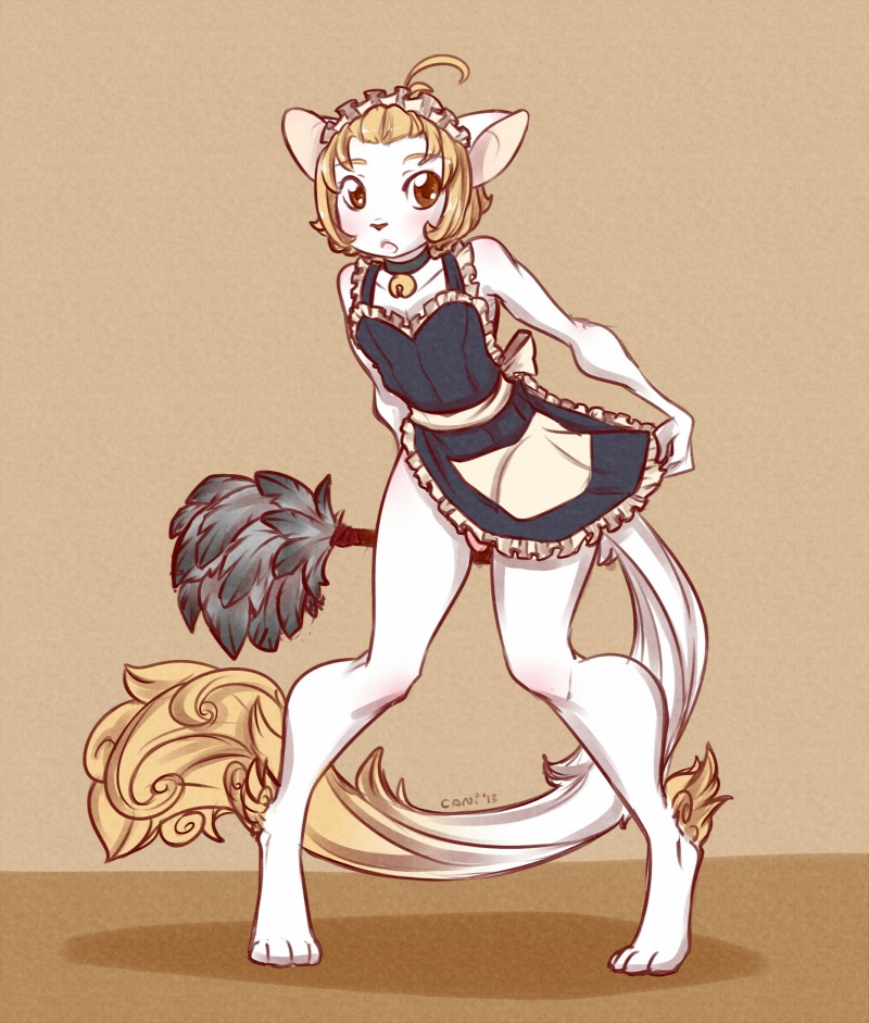 alternative_fashion anthro bell bell_collar biped blush brown_eyes caninelove cleaning_tool clothed clothing collar crossdressing digital_media_(artwork) domestic_cat e621 feather_duster felid feline felis femboy frilly fur genitals honey_(caninelove) j-fashion lolita_(fashion) maid_uniform male mammal penis ribbons simple_background solo standing tail uniform white_body white_fur