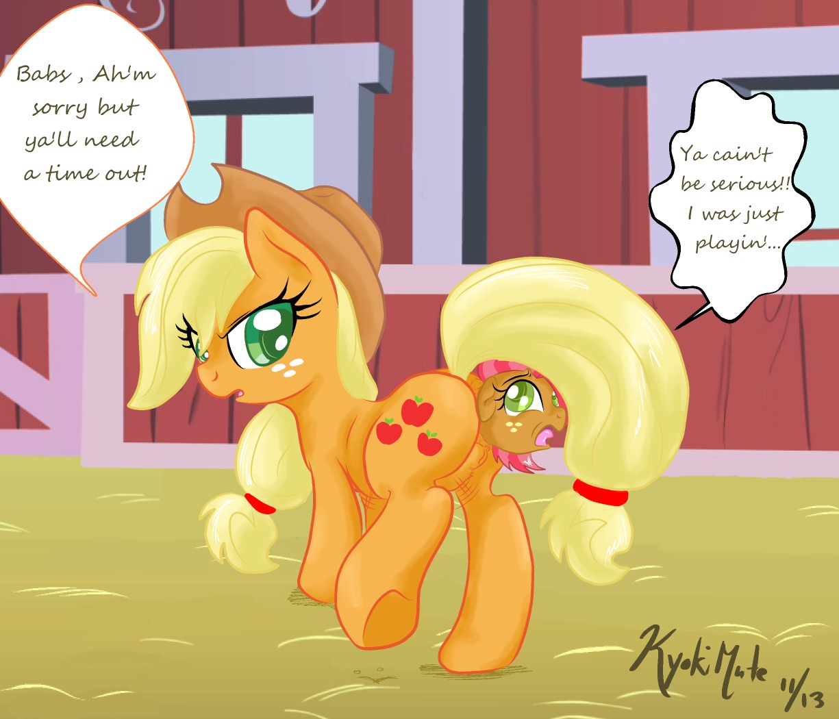 2013 anal anal_vore applejack_(mlp) babs_seed_(mlp) barn blonde_hair brown_body brown_fur clothing cowboy_hat cutie_mark dialogue duo e621 earth_pony english_text equid equine female female/female feral freckles friendship_is_magic fur genitals green_eyes hair hasbro hat headgear headwear horse inside mammal multicolored_hair my_little_pony orange_body orange_fur pony rhk standing text two_tone_hair vore vulva young young_feral young_prey
