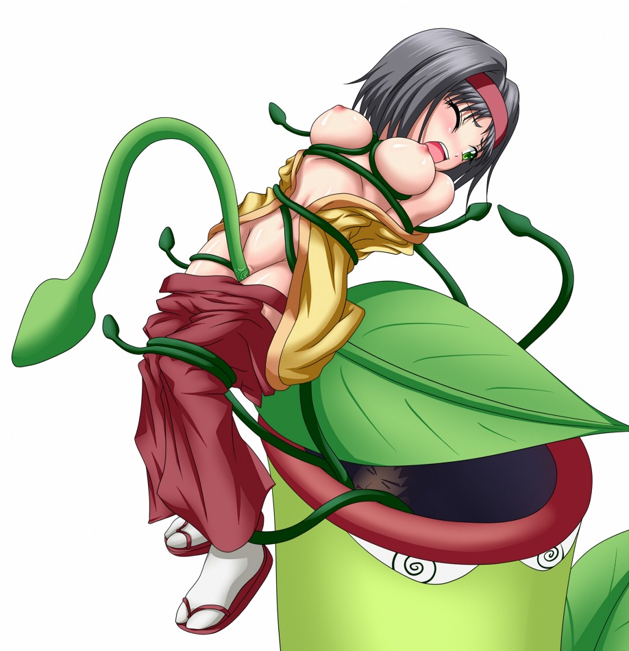 black_hair blush breasts brock_(pokemon) dubious_consent erika_(pokemon) female green_eyes hakama nipples ossannoa pokemon pokephilia rape restrained rule34 tabi tentacle victreebel vore when_you_see_it