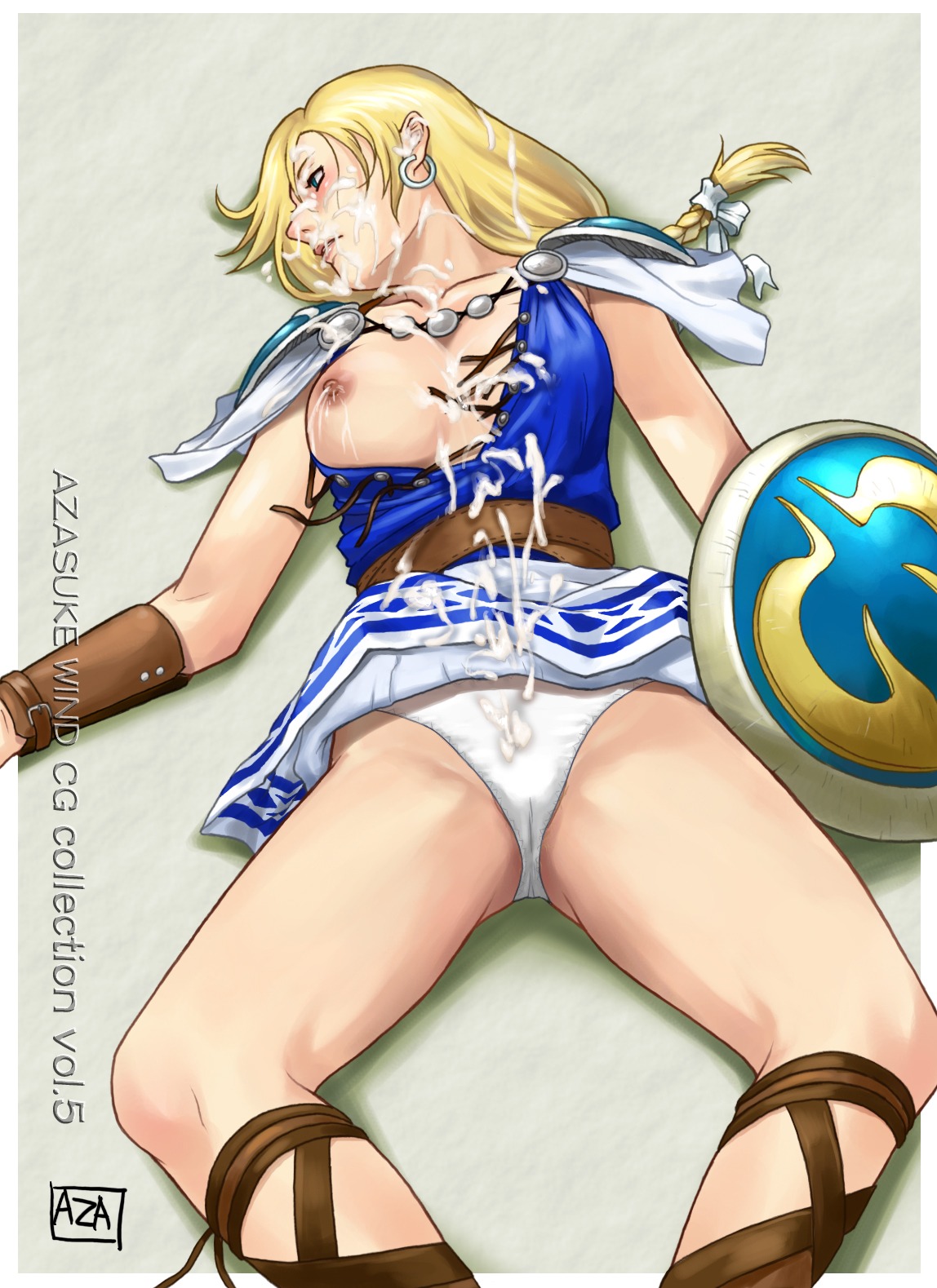 azasuke blonde_hair braid breasts clothes cum earrings female female_only highres human jewelry milf ribbon rule34 shield solo sophitia_alexandra soul_calibur torn_clothes
