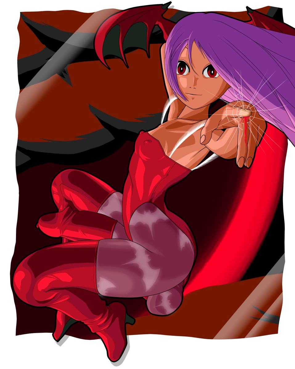 a- balls blood breasts capcom clothing cock_sock darkstalkers demon erect_nipples erect_nipples_under_clothes flat_chest flat_chested futanari glans glass high_heels huge_balls huge_cock intersex leggings lilith_aensland looking_at_viewer nipples nipples_visible_through_clothing patterned_legwear penis pointing purple_hair red_eyes rule34 sidesack skin_tight small_breasts smile succubus tan_skin thighhigh_boots vampire_savior