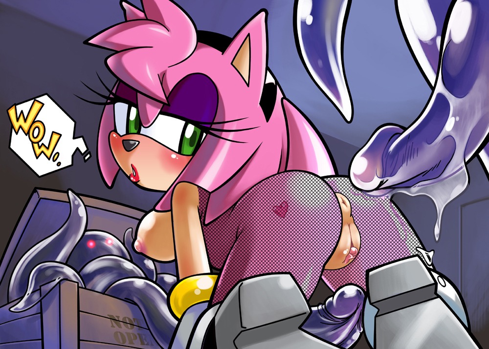 all_fours amy_rose anthro anus bent_over breasts clitoris female green_eyes hedgehog pink_hair plump_labia presenting pussy rule34 sonic_(series) tentacle tojyo