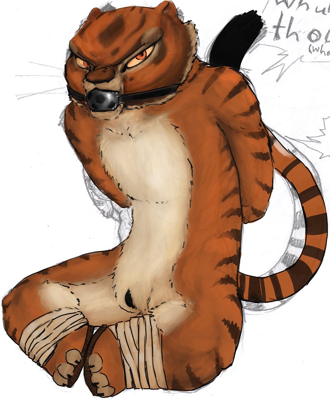 anthro ball_gag bdsm biped bondage bound captured dreamworks e621 felid female gag gagged genitals imaajfpstnfo kung_fu_panda mammal master_tigress pantherine rope simple_background sitting solo spread_legs spreading stripes submissive submissive_female tiger vulva white_background