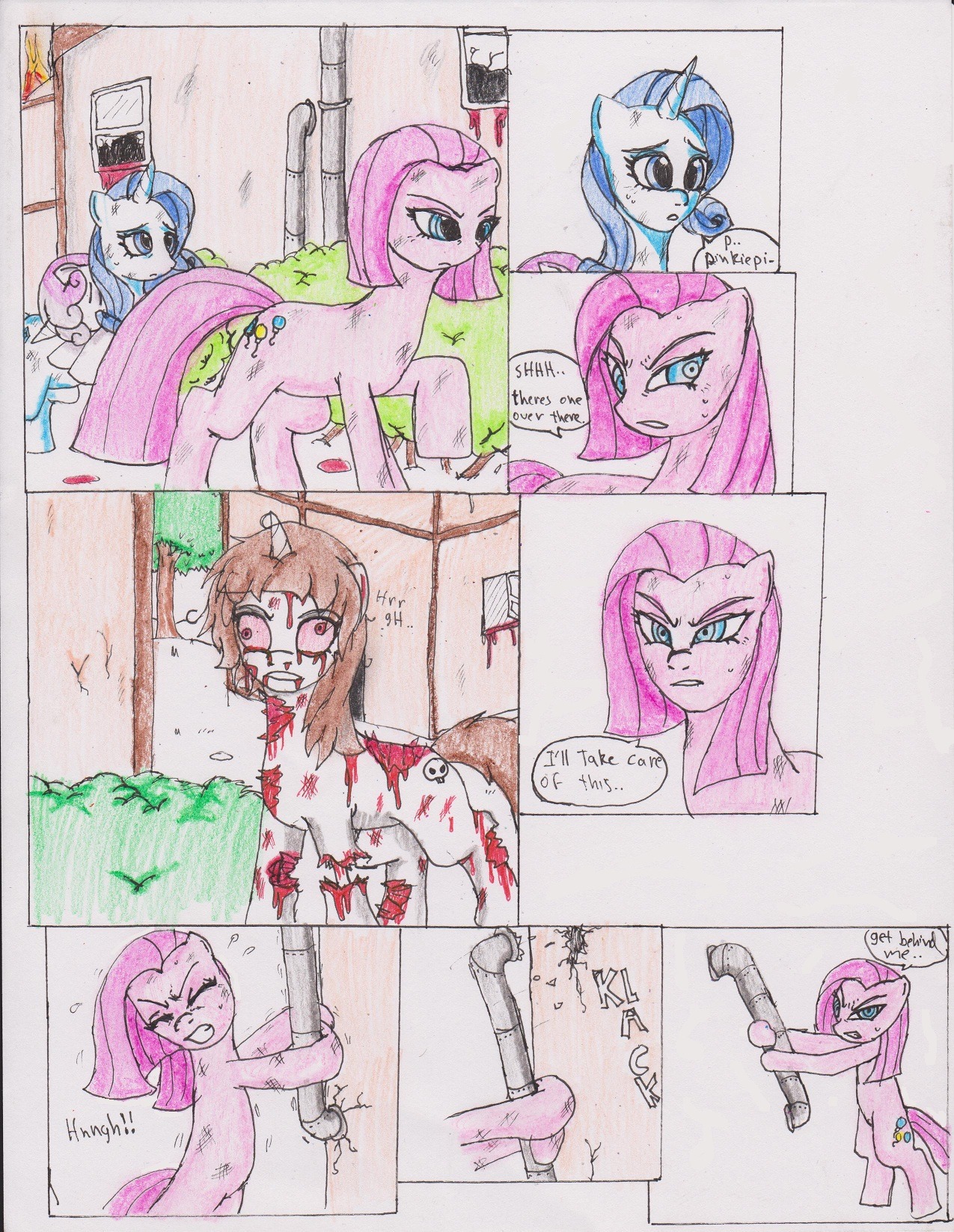blood blue_eyes bodily_fluids brown_hair chaostone comic cracks cutie_mark derp_eyes dialogue drainpipe e621 earth_pony english_text equid equine female feral fire friendship_is_magic frown fur gore group hair hasbro hi_res horn horse long_hair looking_back mammal multicolored_hair my_little_pony mythological_creature mythological_equine mythology open_mouth outside pink_body pink_fur pink_hair pinkamena_(mlp) pinkie_pie_(mlp) pipe plant pony rarity_(mlp) red_eyes shrub simple_background sweetie_belle_(mlp) teeth text tree two_tone_hair undead unicorn white_body white_fur window zombie