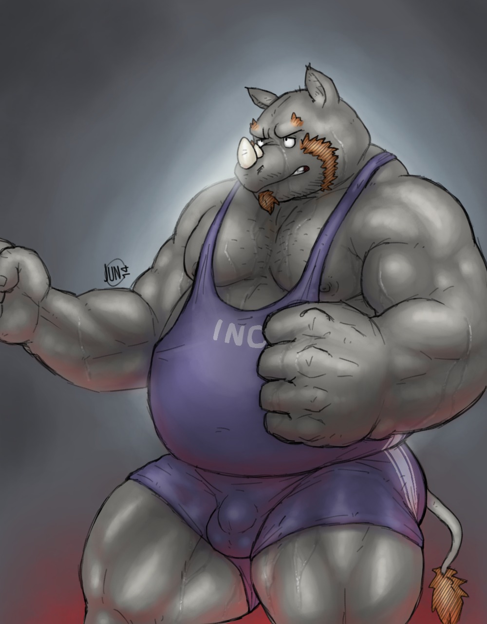 2014 anthro biceps big_muscles biped bodily_fluids brown_hair bulge clothing detailed_bulge e621 facial_hair fb1907 fist fur genital_outline goatee grey_body grey_nipples grey_skin hair hi_res horn male mammal musclegut muscular muscular_anthro muscular_male nipples pecs penis_outline rhinoceros slightly_chubby solo standing sweat tail tail_tuft tight_clothing tuft wrestling_singlet