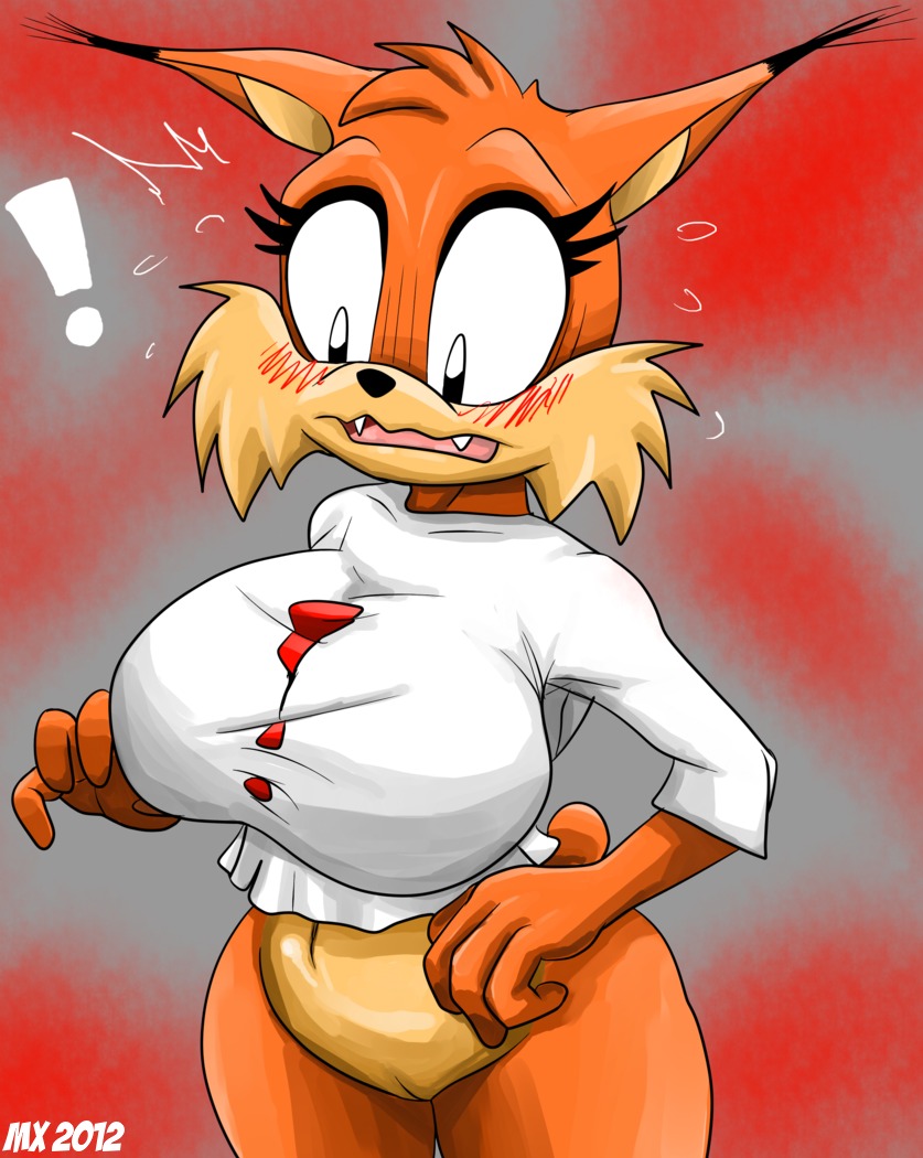 2012 anthro big_breasts blush bottomless breasts bubsy_(series) bubsy_bobcat clothed clothing crossgender e621 exclamation_point felid feline female genitals huge_breasts lynx mammal monkeyxflash mtf_crossgender navel shirt solo topwear vulva