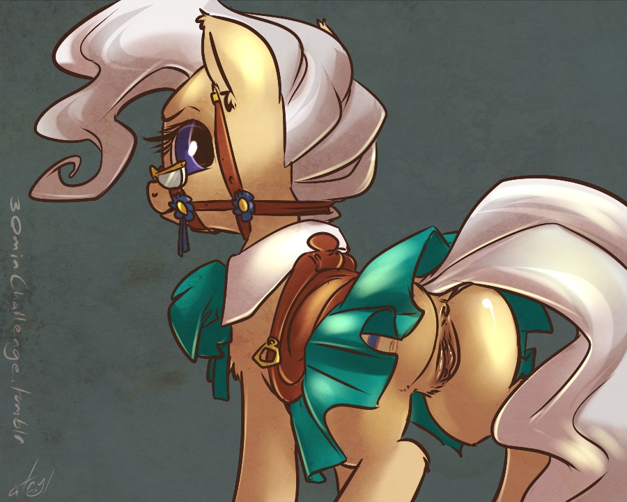 2013 5:4 anus atryl blue_eyes bottomwear bridle butt clothed clothing cutie_mark digital_media_(artwork) e621 earth_pony equid equine eyewear female feral friendship_is_magic genitals glasses grey_hair hair hasbro horse looking_at_viewer mammal mayor_mare_(mlp) my_little_pony no_underwear pony quadruped saddle simple_background skirt solo tail upskirt vulva