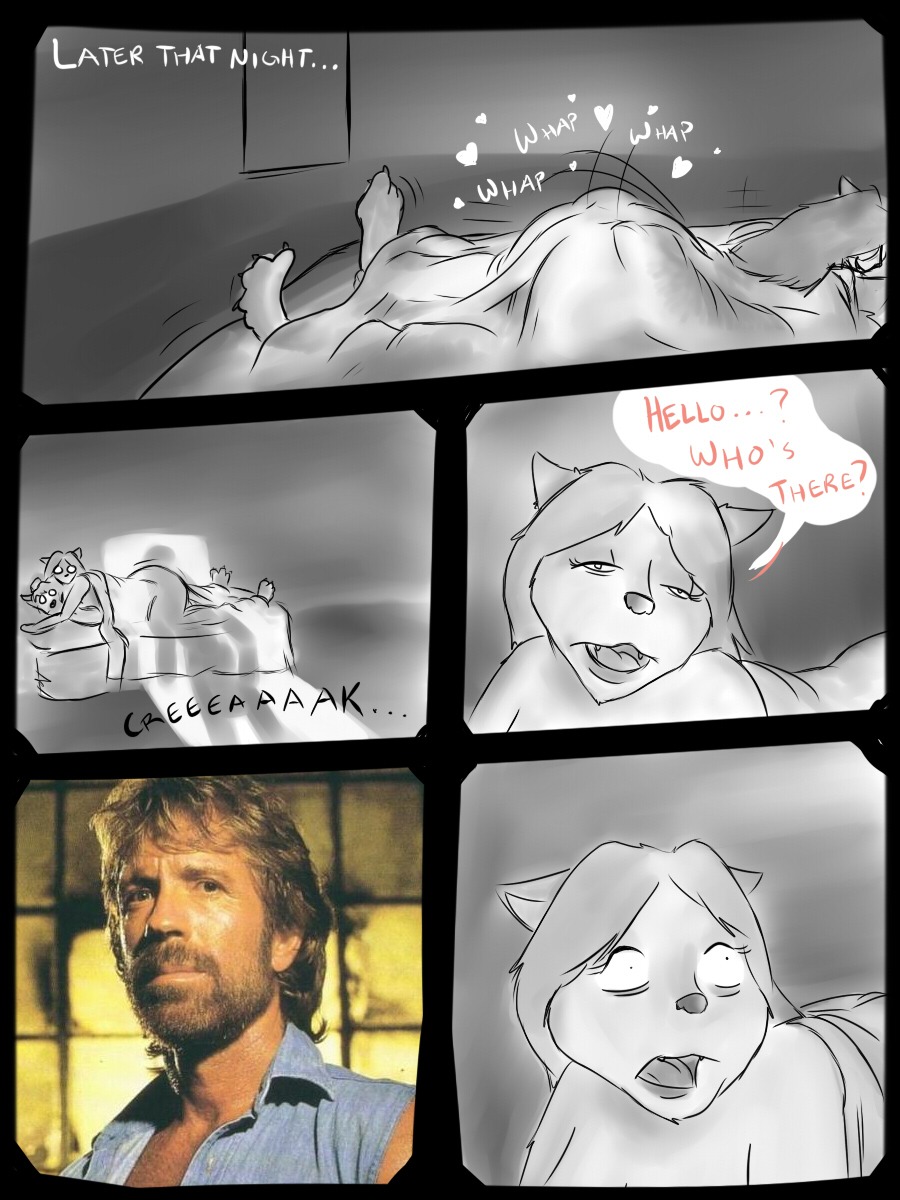3:4 anthro anthro_on_anthro base_three_layout beard being_watched blockage_(layout) canid canine chuck_norris comic dialogue digital_drawing_(artwork) digital_media_(artwork) e621 english_text facial_hair female five_frame_image four_frame_grid group heart_symbol hearts_around_text hi_res horizontal_blockage human humor imminent_death infidelity looking_at_another male male/female mammal nude o_0 oh_crap onomatopoeia real sex sound_effects surprised text text_with_heart three_row_layout unknown_artist