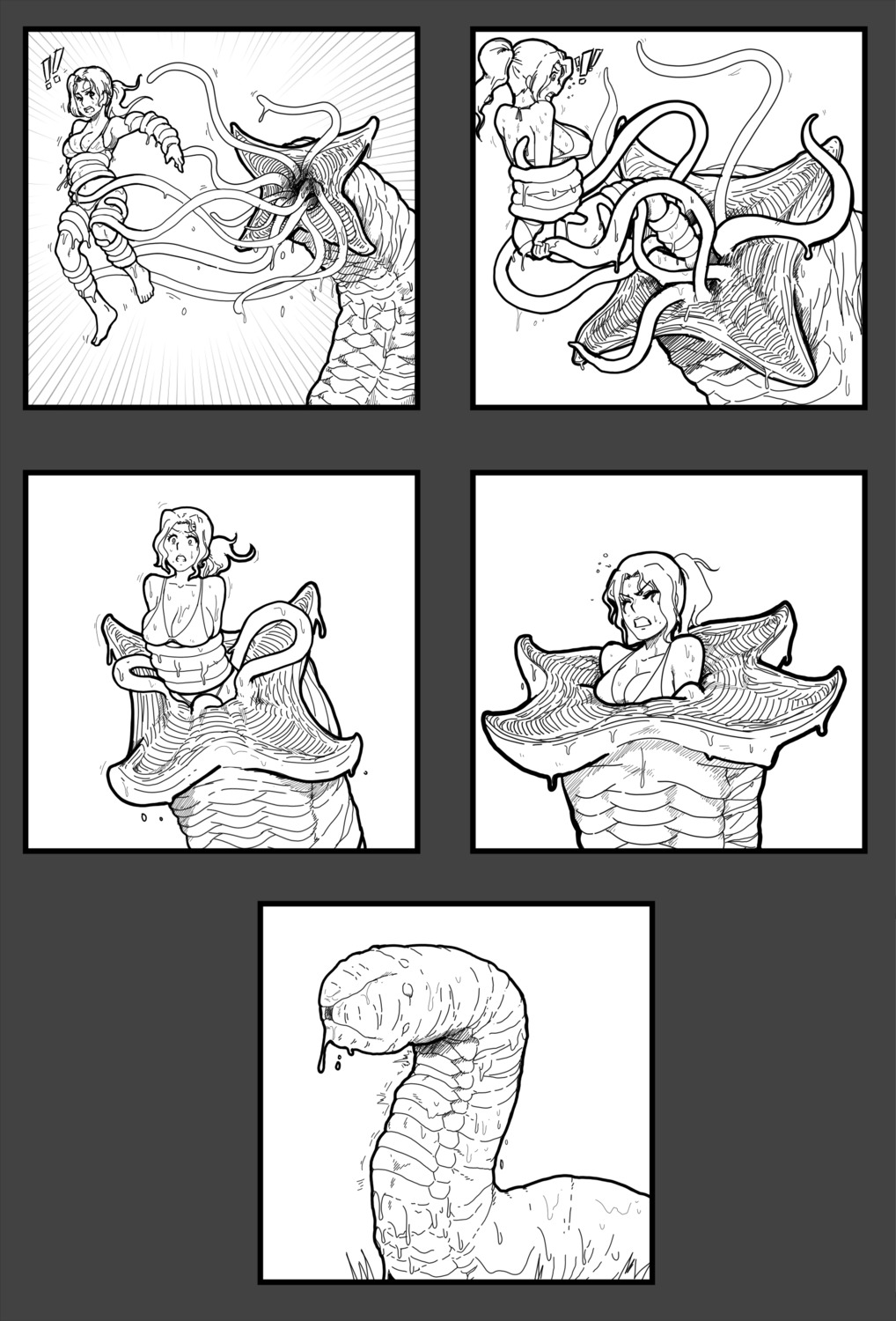 absurd_res annelid bikini bodily_fluids breasts clothed clothing comic duo e621 feet_first female hi_res human mammal modeseven monochrome monster motion_lines saliva scared skimpy swimwear tentacles two-piece_swimsuit vore worm