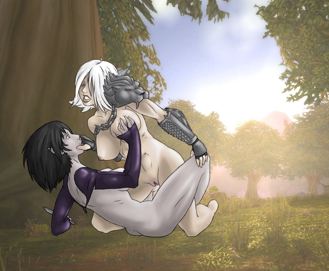 abs areolae armor black_hair blizzard_entertainment breast_grab breasts clenched_teeth face_grab female femdom fingerless_gloves forest functionally_nude gauntlets gloves grey_skin hairless_pussy human idolmonkeh kneeling knife large_breasts night_elf nipples outdoors pointy_ears pussy pussy_juice rule34 short_hair shoulder_pads thick_lips warcraft weapon white_hair world_of_warcraft yuri