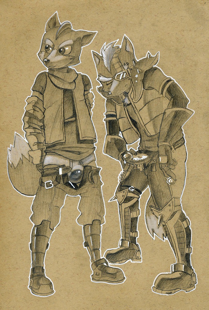 anthro closed_eyes clothes color erection fox fox_mccloud fur furry interspecies male male_only multiple_males open_eyes penis rule34 standing star_fox wolf wolf_o'donnell