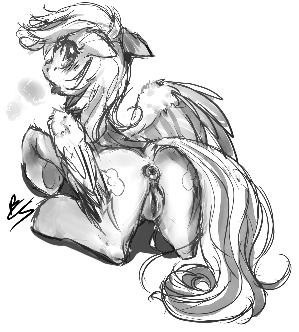 absurd_res anatomically_correct anatomically_correct_genitalia anatomically_correct_vulva animal_genitalia animal_vulva anus bodily_fluids butt buttercup_saiyan cutie_mark digital_drawing_(artwork) digital_media_(artwork) e621 equid equine equine_genitalia equine_vulva feathered_wings feathers female female_feral feral friendship_is_magic genital_fluids genitals grey_body grey_eyes grey_feathers grey_hair greyscale hair hasbro hi_res looking_at_viewer looking_back lying mammal monochrome my_little_pony mythological_creature mythological_equine mythology on_front open_mouth pegasus puffy_anus quadruped rainbow_dash_(mlp) signature simple_background sketch solo tail tongue tongue_out vaginal_fluids vulva white_background wings