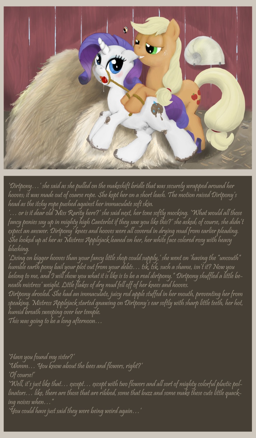 apple apple_gag applejack_(mlp) bdsm being_watched bondage bound cutie_mark digital_media_(artwork) dominant dominant_female duo e621 earth_pony english_text equid equine female female/female feral food friendship_is_magic fruit gag gagged hasbro hi_res horn horse looking_at_another mammal mud my_little_pony mythological_creature mythological_equine mythology plant pony rarity_(mlp) rope smudge_proof submissive submissive_female tail teats text unicorn wall_of_text