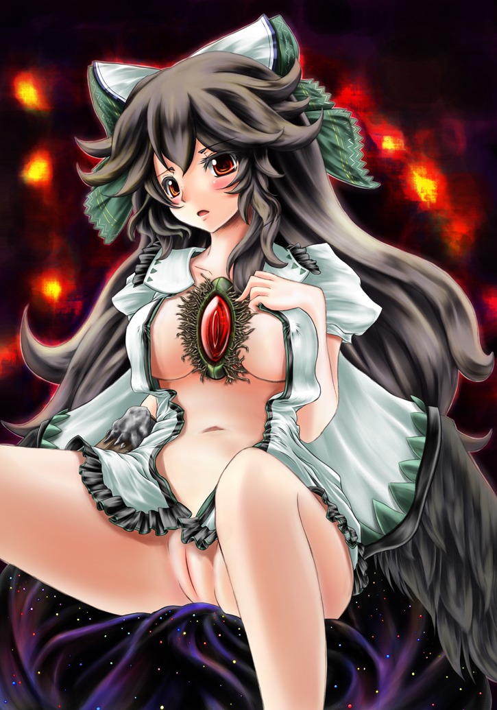1girls arm_cannon black_hair blush bow breasts cape erect_nipples eyes female large_breasts long_hair nipples open_clothes open_shirt pussy r0g0b0 red_eyes rule34 shirt solo touhou uncensored utsuho_reiuji weapon wings