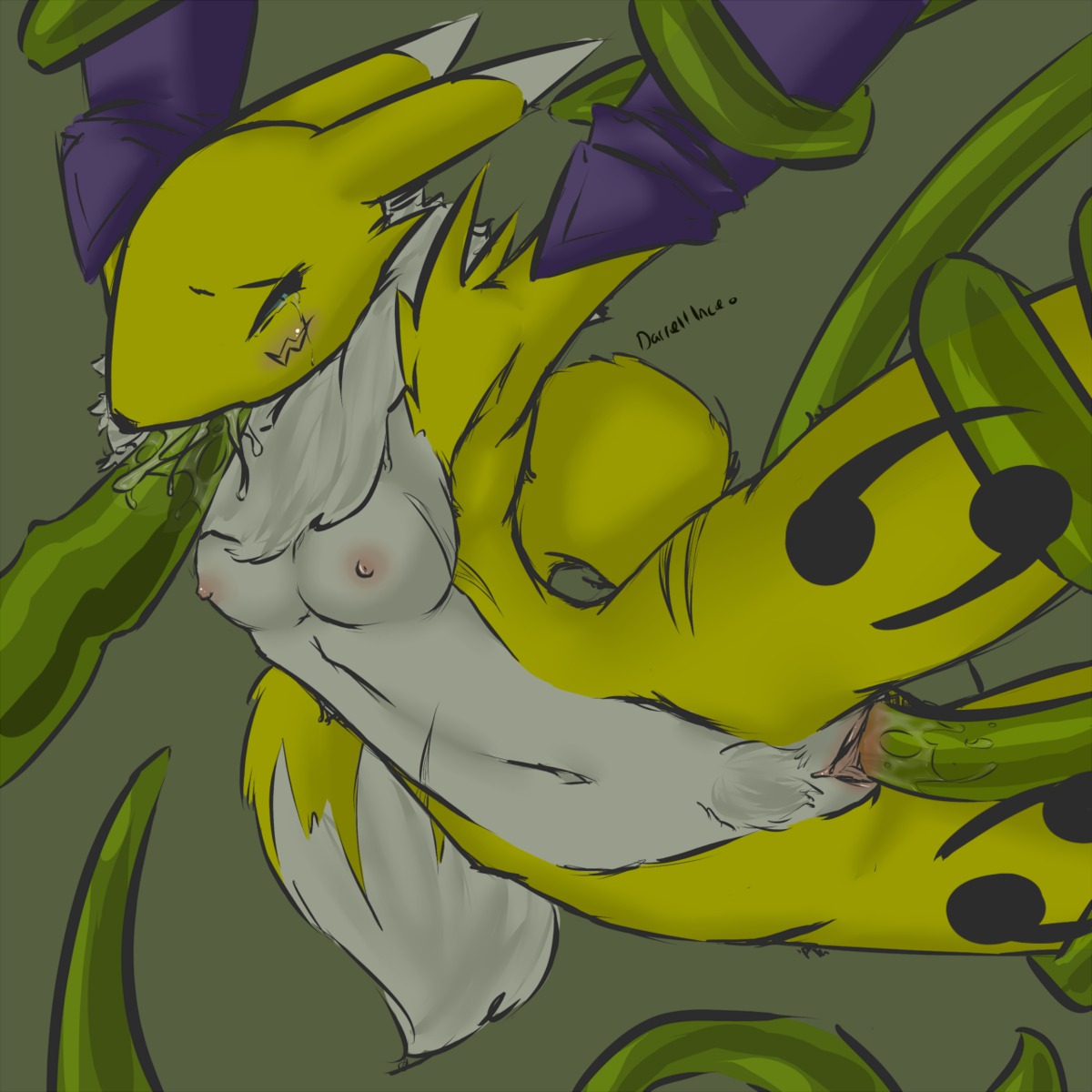 1:1 anthro armwear bandai_namco black_sclera blue_eyes bodily_fluids breasts bridal_gauntlets canid canine chest_tuft clothing digimon digimon_(species) double_penetration e621 facial_markings female florecentjivyra forced fur genitals head_markings hi_res mammal markings mostly_nude multiple_penetration navel nipples oral oral_penetration penetration pubes rape renamon restrained sex small_breasts solo tail tears tentacle_in_mouth tentacle_penetration tentacle_rape tentacle_sex tentacles tuft vaginal vaginal_penetration vulva white_body white_fur yellow_body yellow_fur