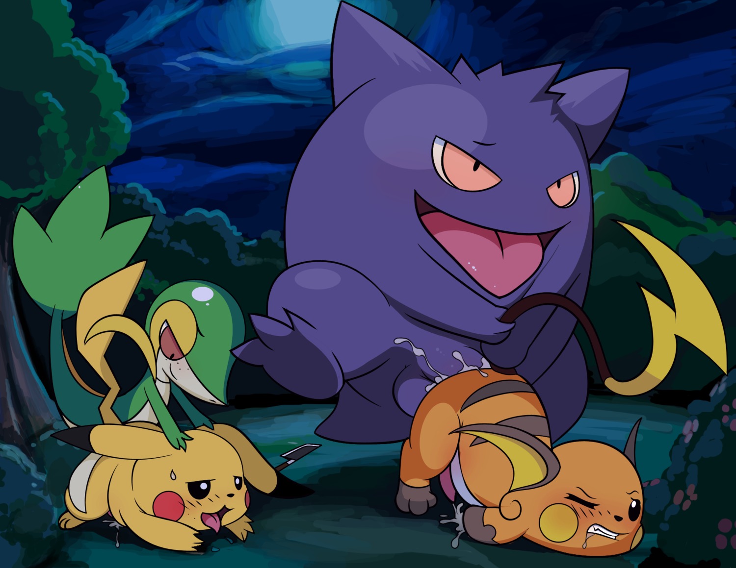 all_fours anal anal_penetration balls blush blush_lines bodily_fluids cloud conditional_dnp cum cum_while_penetrated doggystyle dominant e621 ejaculation erection feral feral_on_feral freckled_face freckles from_behind_position fur generation_1_pokemon generation_5_pokemon gengar genital_fluids genitals group group_sex hands-free hi_res interspecies knife larger_dom larger_male larger_sub male male/male male_penetrated male_penetrating male_penetrating_male mammal night nintendo one_eye_closed orgasm orgasm_face outside parallel_sex penetration penis pikachu plant pokemon pokemon_(species) raichu rodent sex size_difference sky smaller_male snivy submissive tail tail_grab tapering_penis tight_fit tree tricksta yellow_body yellow_fur
