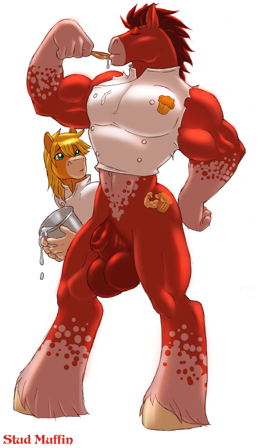 absurd_res animal_genitalia anthro balls barefoot biceps big_balls bottomless bucket clothed clothing clydesdale container cutie_mark digital_media_(artwork) draft_horse duo e621 equid equine eyes_closed fan_character feathering feet fully_sheathed fur genitals gideon green_eyes hair hand_on_hip hasbro hi_res hooves horse leg_markings male male/male mammal markings muscular my_little_pony navel pecs pose red_body red_fur red_hair seductive sheath shirt simple_background socks_(marking) standing topwear white_background