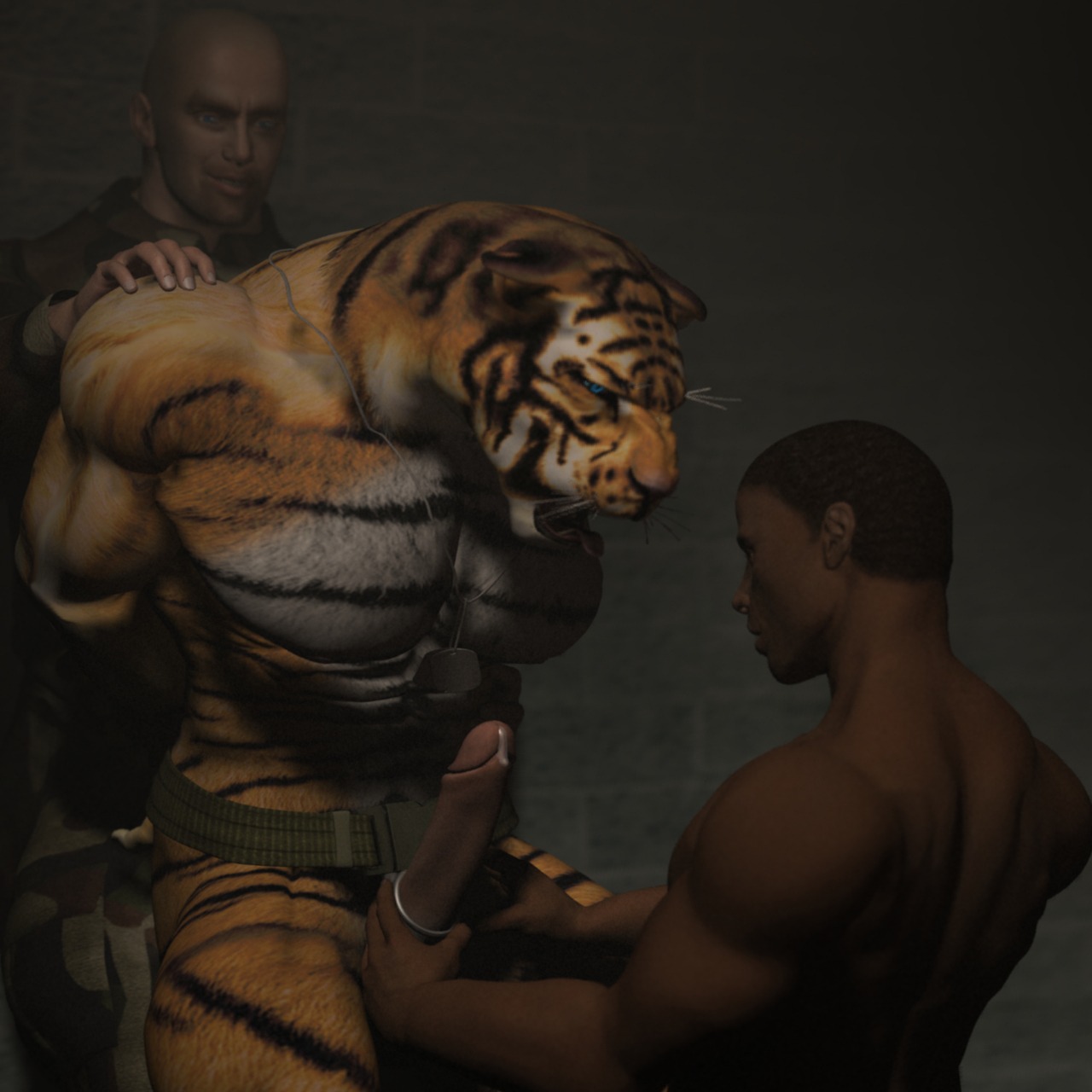 1:1 3d_(artwork) abs accessory anthro army belt biceps blue_eyes bodily_fluids brown_body brown_skin clothing cock_ring digital_media_(artwork) dog_tags e621 erection eye_contact felid fur genital_fluids genitals group hair hairless hand_on_shoulder hands_behind_back hi_res holding_penis human human_on_anthro humanoid_genitalia humanoid_penis inside interspecies iomar jewelry leaking looking_at_another male male/male mammal military military_uniform muscular nipples nude open_mouth pantherine pecs penis penis_accessory penis_jewelry precum presenting short_hair soldier stripes tiger tongue uniform warrior yellow_body yellow_fur