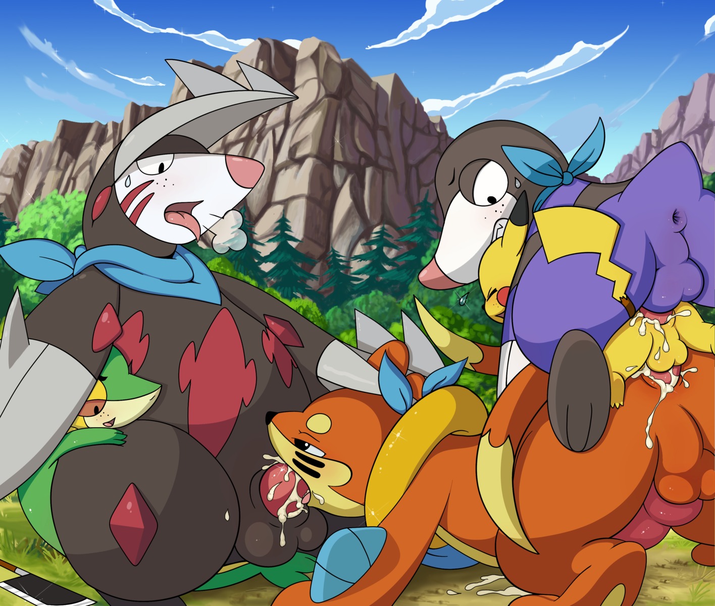 absurd_res anal anal_penetration anus balls bodily_fluids buizel clothing cloud conditional_dnp cum cum_in_ass cum_inside detailed_background dominant drilbur e621 erection excadrill fellatio feral forest freckled_face freckles fur generation_1_pokemon generation_4_pokemon generation_5_pokemon genital_fluids genitals group group_sex hi_res interspecies kerchief knife knot larger_dom larger_male larger_sub lucky_pierre male male/male male_penetrated male_penetrating male_penetrating_male mammal moan mustelid neckerchief neckwear nintendo open_mouth oral oral_penetration orgasm orgy outside penetration penile penile_penetration penis pikachu plant pokemon pokemon_(species) reptile rodent scalie scarf sex size_difference sky smaller_male snivy submissive tail train_position tree tricksta wood yellow_body yellow_fur