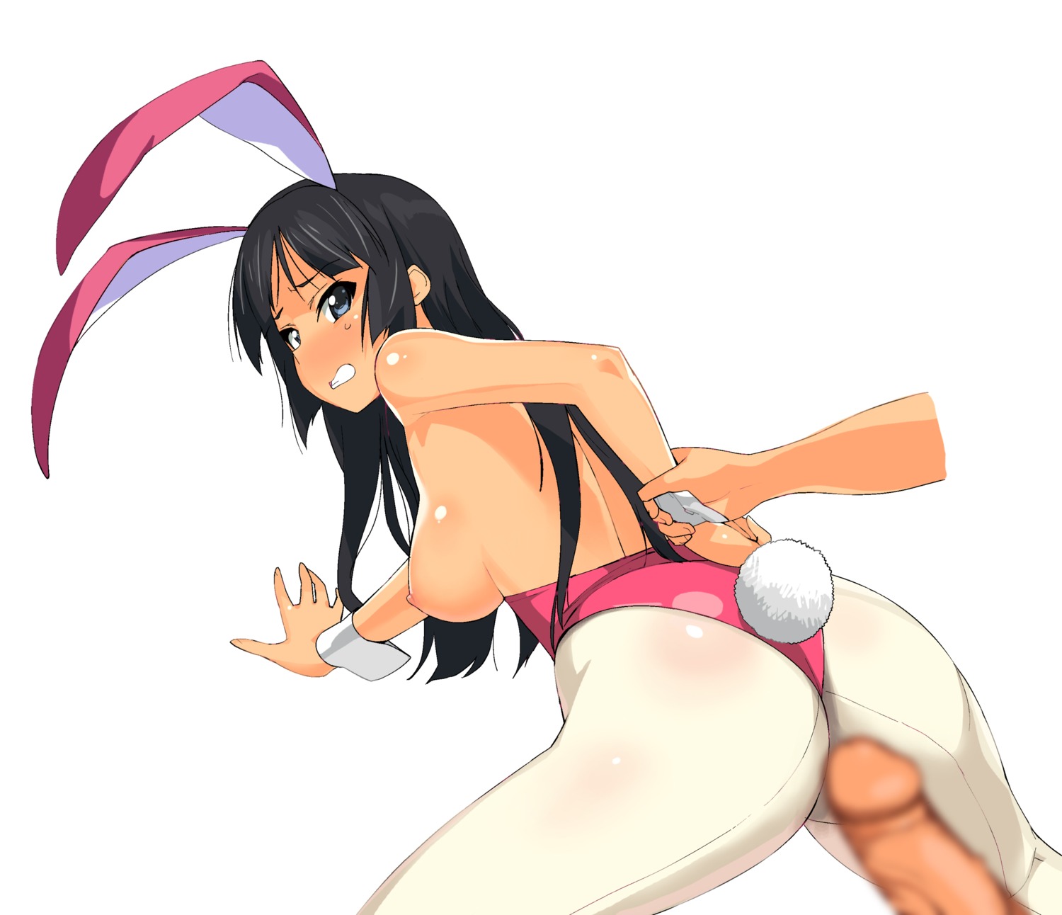 1boy 1girls 2d a1 animal_ears arm_grab arm_held_back arm_support ass back-seamed_legwear black_hair blue_eyes blur_censor blush breasts bunny_ears bunny_tail bunnysuit censored clenched_teeth disembodied_penis erection fake_animal_ears female female_focus genitals highres hime_cut holding_another's_wrist human human_female human_only imminent_penetration imminent_rape imminent_vaginal initial-g k-on! large_breasts leotard long_hair looking_back male mio_akiyama_(k-on!) nipples pantyhose penis pink_leotard playboy_bunny rabbit_ears rabbit_tail seamed_legwear straight tail teeth white_background white_pantyhose wrist_cuffs wrist_grab