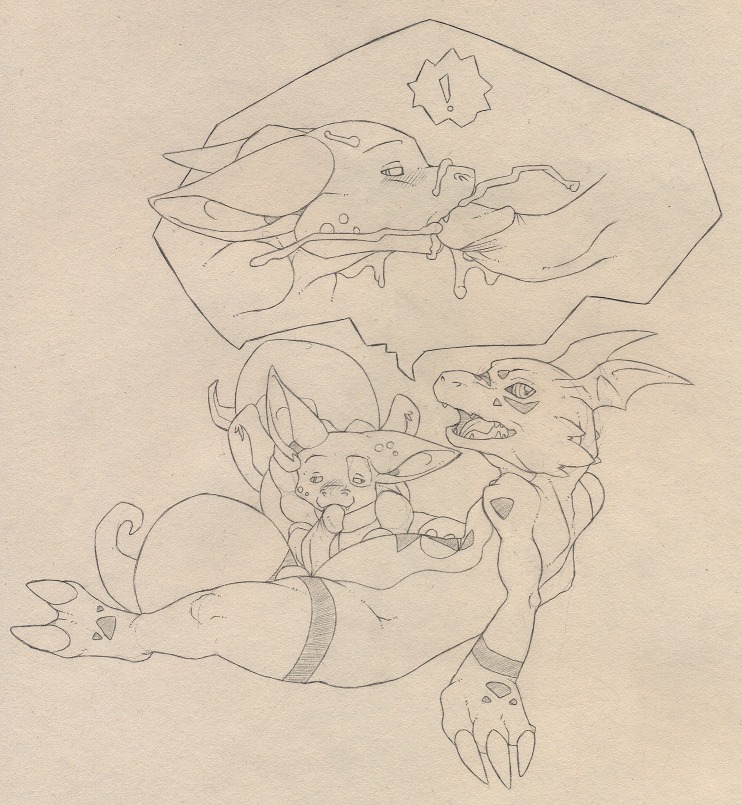 bandai_namco black_and_white bodily_fluids cum cum_inside digimon digimon_(species) digital_hazard duo e621 erection fellatio genital_fluids genitals guilmon inverted_zero_unit male male/male male_penetrated male_penetrating male_penetrating_male markings monochrome nude oral oral_penetration penetration penile penis scalie sex shiroepsilon symbol tail zero_unit